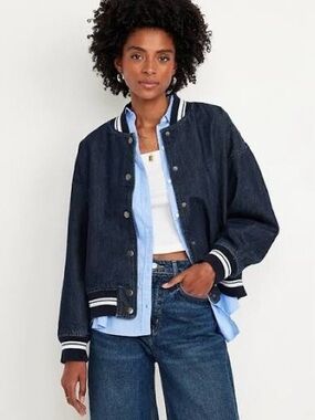 Old Navy Dark Indigo Denim Bomber Jacket with Striped Trim